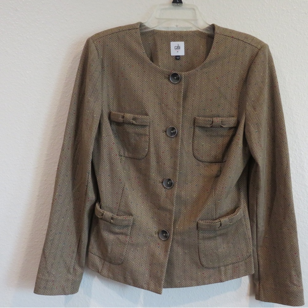 CAbi Penny Blazer Womens Medium Tan Herringbone Button Front